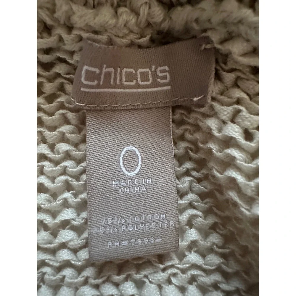 Chicos‎ Open Front Knit Cardigan Sweater Sz 0, Small Ruffle Scarf Neutral Cotton